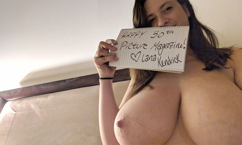 Lana Kendrick selfie topless big tits closeup holding up card